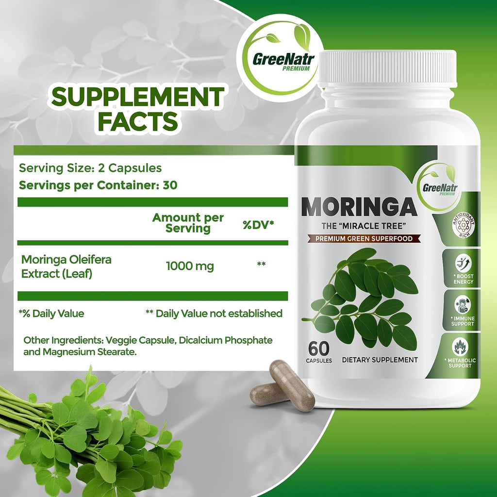 GreeNatr Moringa Oleifera en Cápsulas Vegetales 1000 mg (3 Frascos)