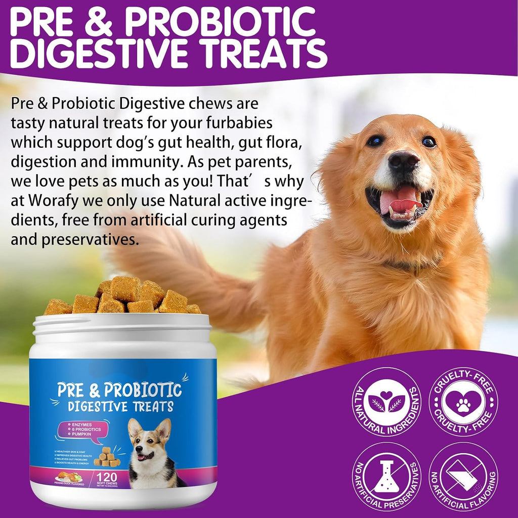 Probióticos Masticables para Perros - Promueve Digestión y Pelaje - Suplemento de Fibra Natural - 120 Comprimidos Sabor Pato
