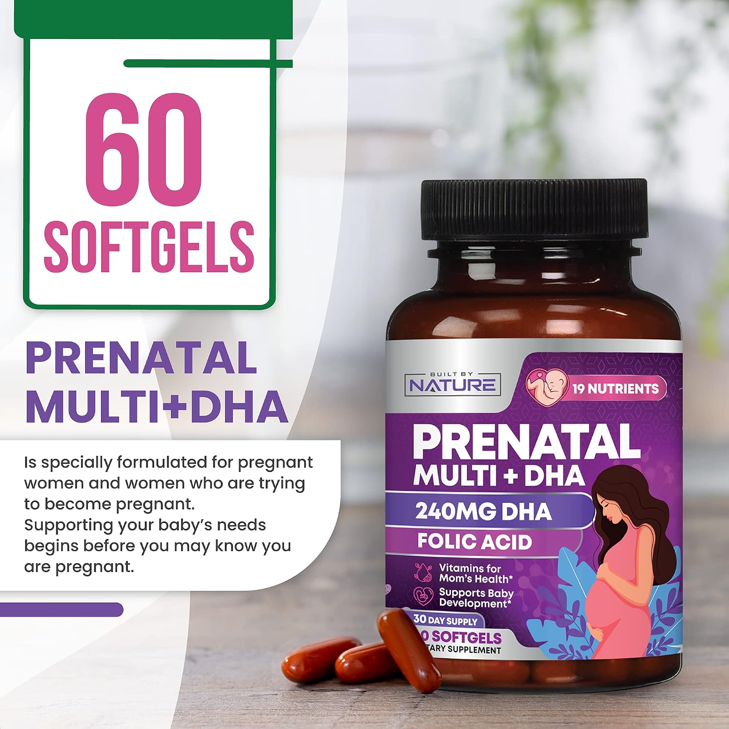 Vitaminas Prenatales de Built by Nature | 60 Cápsulas Blandas