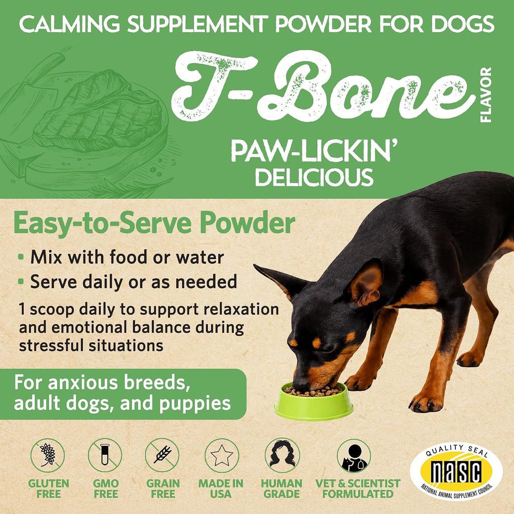 Relaxin’ Rover Suplemento Calmante con Probióticos para Perros con Valeriana, Manzanilla y GABA para Alivio del Estrés y la Ansiedad, Delicioso Sabor a Hueso T-Bone, 20 Dosis