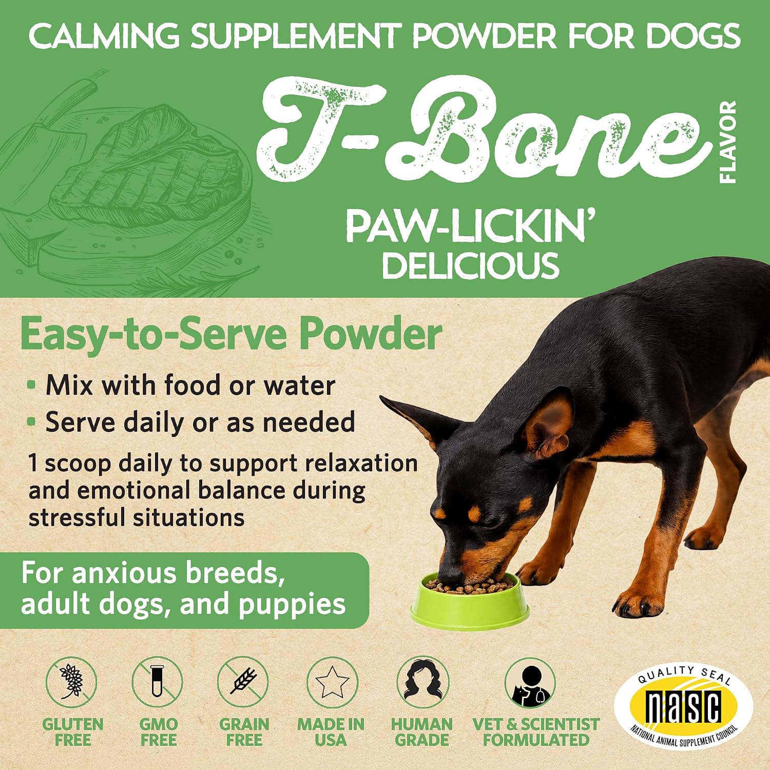 Relaxin’ Rover Suplemento Calmante con Probióticos para Perros con Valeriana, Manzanilla y GABA para Alivio del Estrés y la Ansiedad, Delicioso Sabor a Hueso T-Bone, 20 Dosis