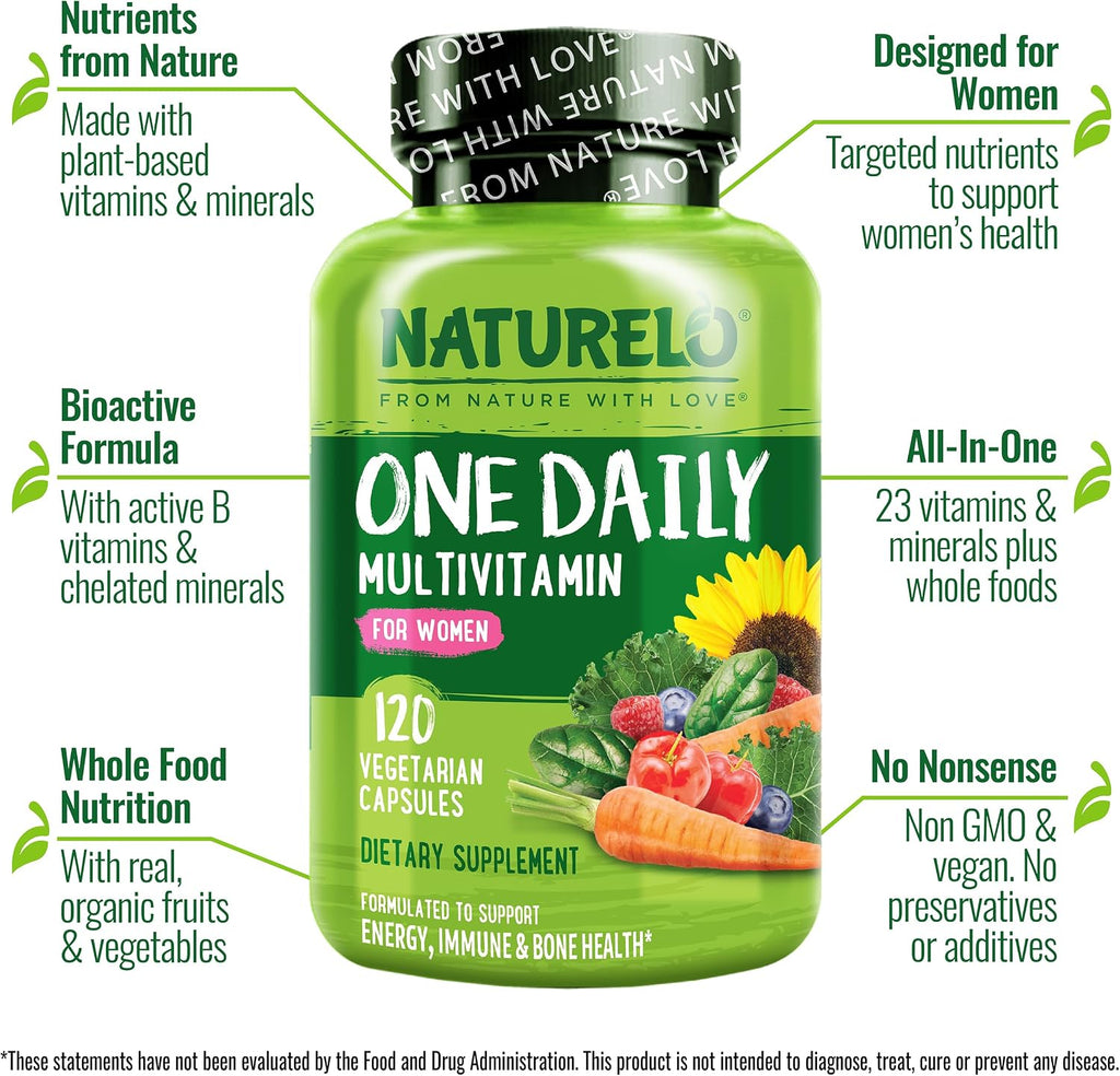 NATURELO Women's Daily Multivitamin with Vitamin B12, 120 Capsules, Energy Support, Whole Food Supplement, Non-GMO, Soy-Free, Gluten-Free, 4 Month Supply