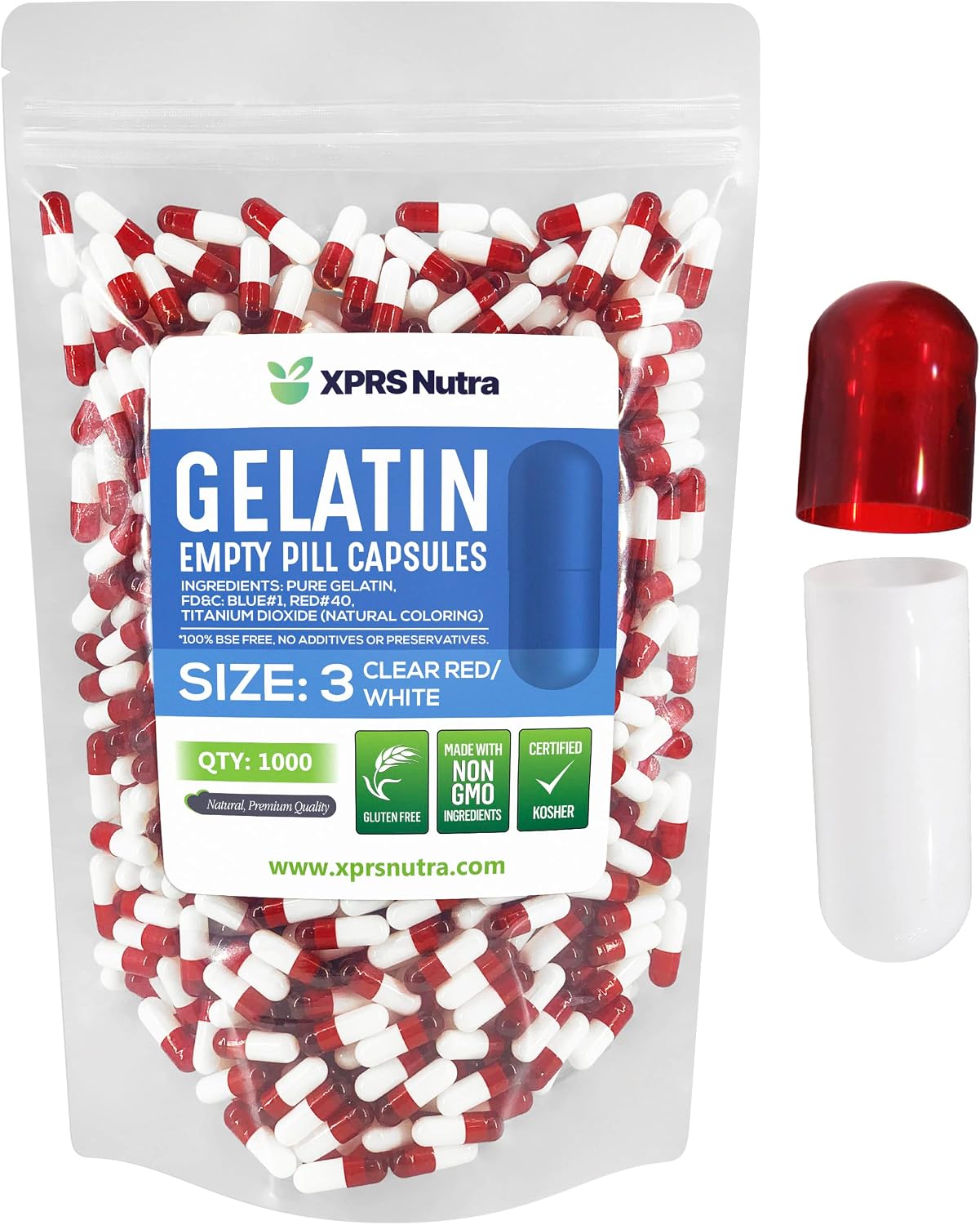 XPRS Nutra Cápsulas Vacías Tamaño 3 - 1000 uds, Gelatina Bovina, Transparente Rojo/Blanco