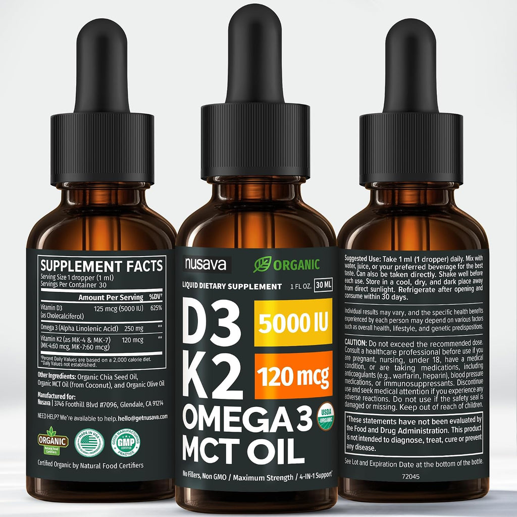 Organic Vitamin D3 K2 Drops con MCT Oil y Omega 3 - Gotas Líquidas de Vitamina D3 5000 UI - Suplemento de Vitamina K2 D3 - Sin Rellenos, No GMO (Pack de 2, 60 ml)