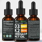 Organic Vitamin D3 K2 Drops con MCT Oil y Omega 3 - Gotas Líquidas de Vitamina D3 5000 UI - Suplemento de Vitamina K2 D3 - Sin Rellenos, No GMO (Pack de 2, 60 ml)