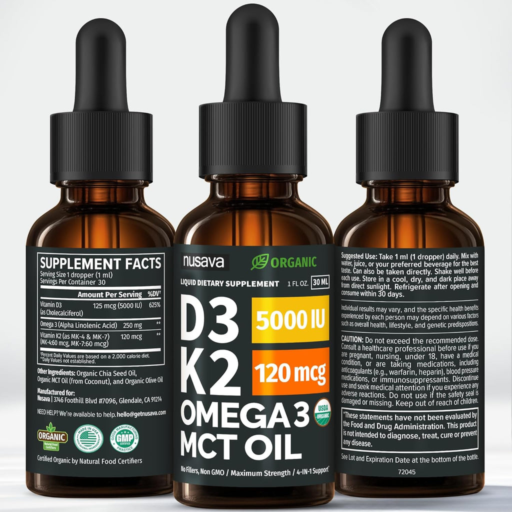NUSAVA Organic Vitamin D3 K2 Drops with MCT Oil & Omega 3 (4 Pack)