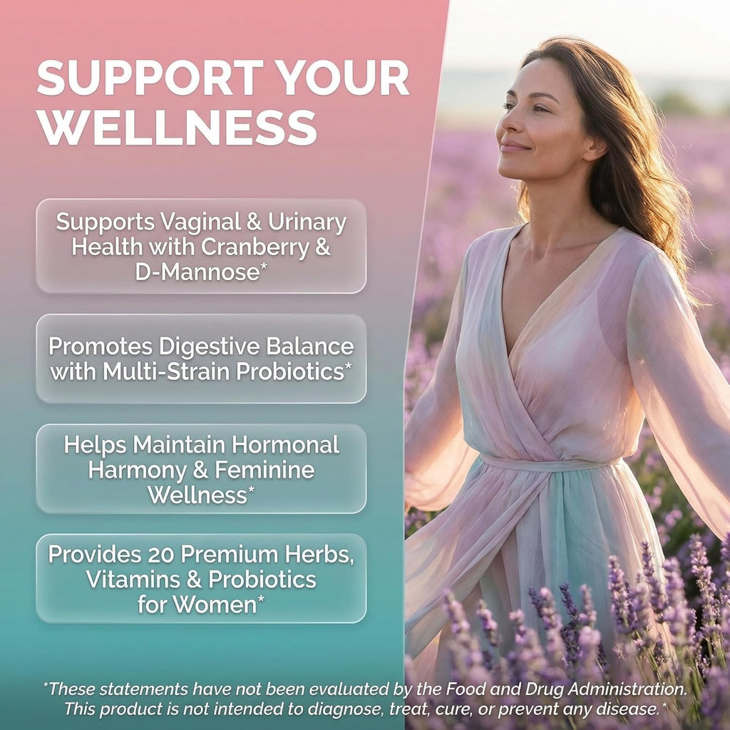 Clean Nutraceuticals Probióticos para Mujeres con D-Manosa, Arándano Rojo, Ñame Salvaje, Sauzgatillo - 20 Cepas Probióticas y Prebióticas - Equilibrio del pH, Probiótico Femenino para la Salud Digestiva - 60 Cápsulas