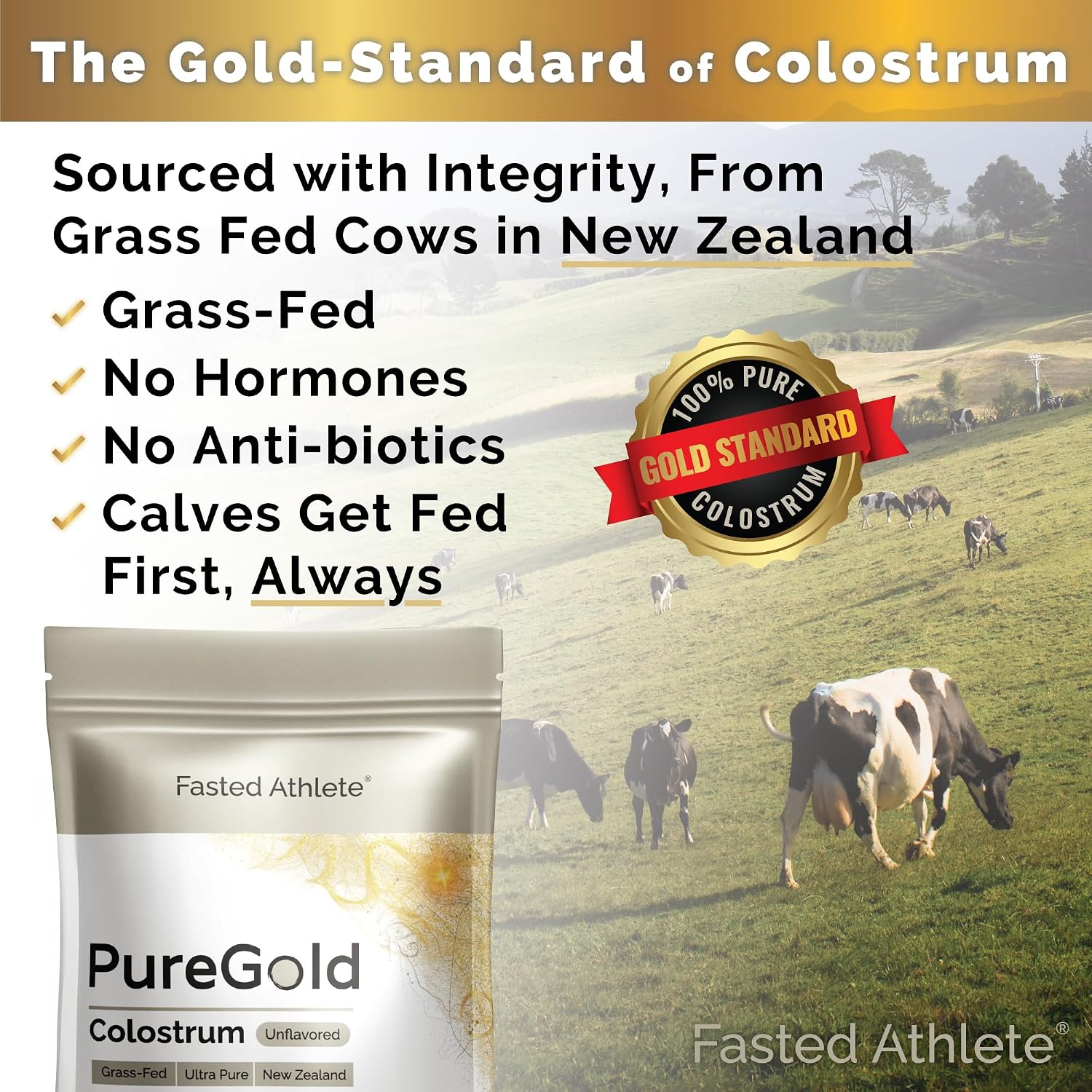PureGold - Calostro Bovino en Polvo - 100% Puro de Nueva Zelanda, 30 Sobres Individuales