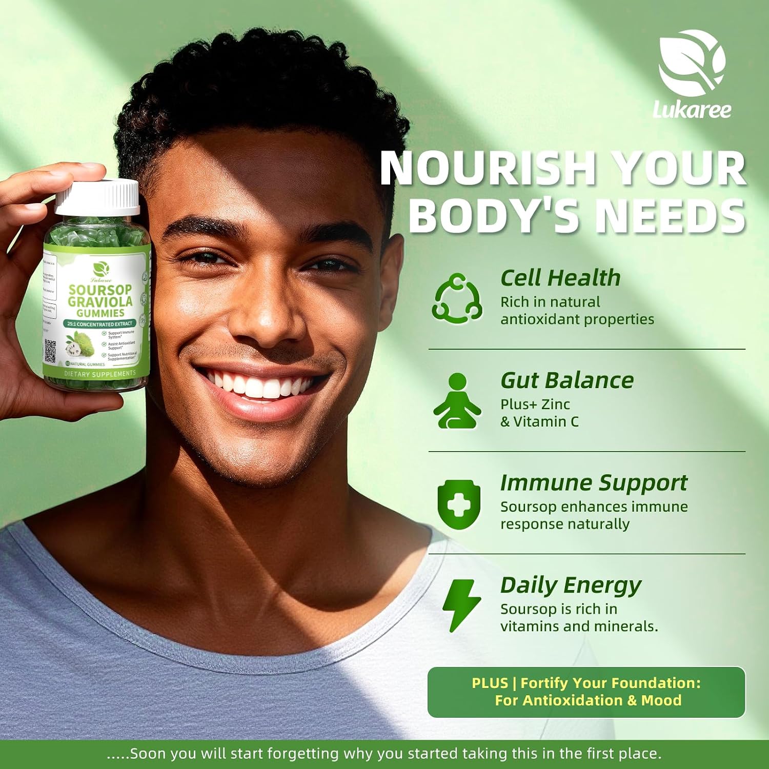 Lukaree Gominolas de Soursop Graviola - 2 Paquetes - Extracto Concentrado con Vitamina C y Zinc - 60 Gominolas