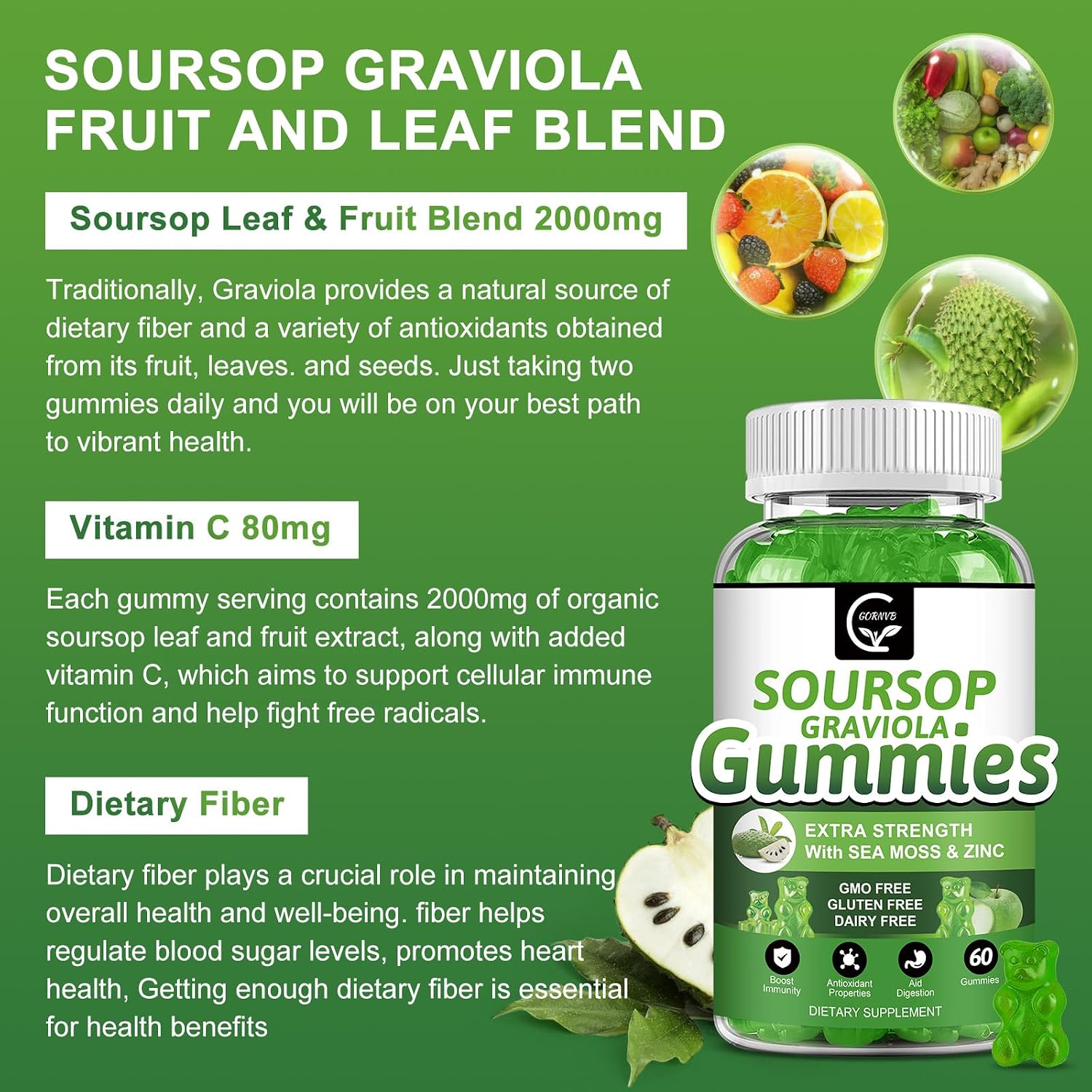 Gominolas Orgánicas de Soursop Graviola - 2200mg Extracto de Hojas de Soursop con Musgo Marino, Zinc y Vitamina C - 60 Gominolas