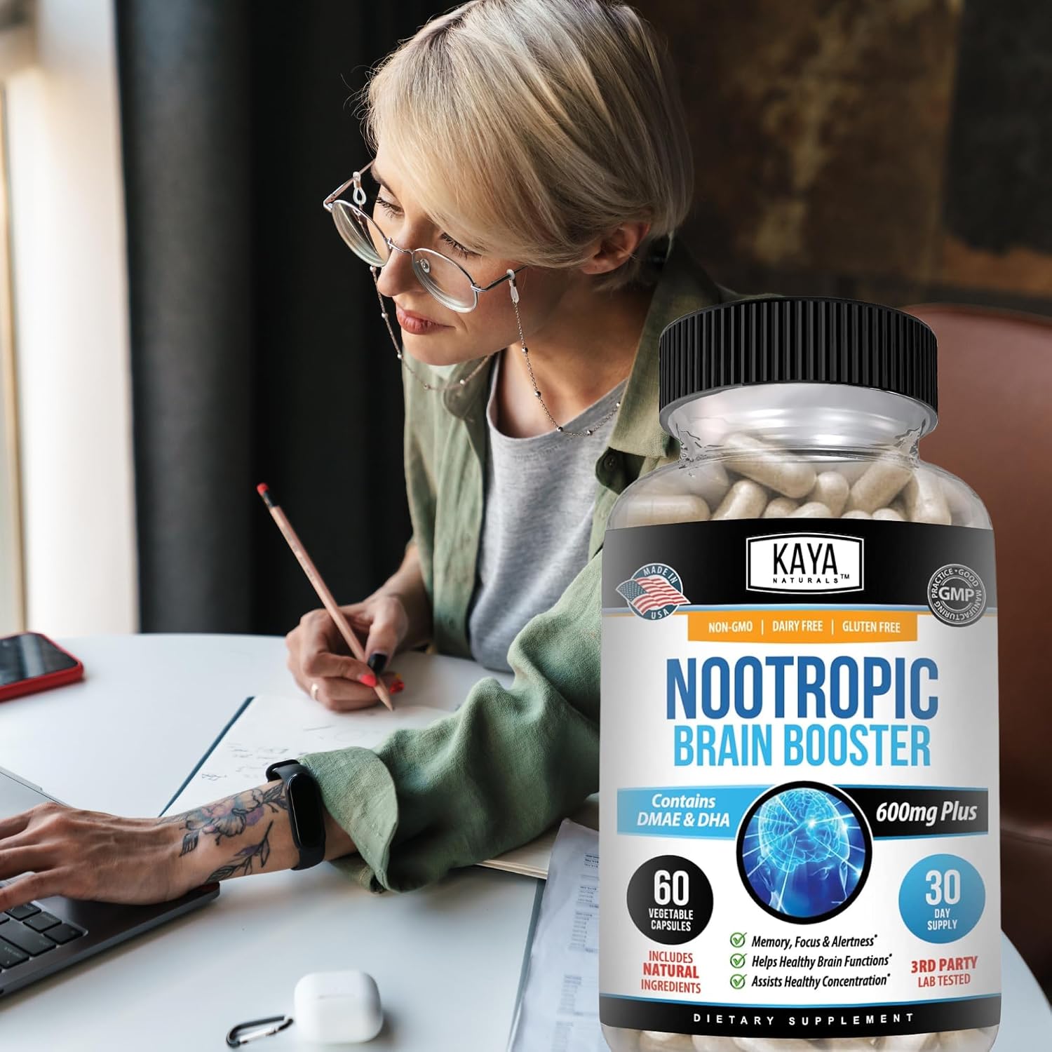 Kaya Naturals - Nootropic Brain Booster - Apoyo para Memoria y Concentración - 60 Cápsulas