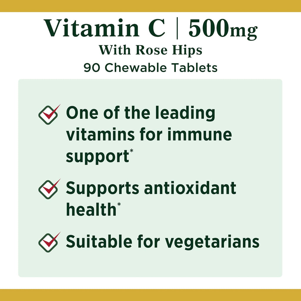Nature's Bounty Vitamin C 500 mg with Rose Hips Chewable Tablets Orange Flavor (Pack of 2 x 90)