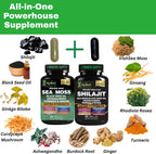 AyBet Sea Moss y Shilajit del Himalaya – Fórmula Herbal 22 en 1 con Ashwagandha, Cúrcuma, Jengibre – Minerales y Antioxidantes – Cápsulas Orgánicas, Halal, Veganas – 120 Unidades