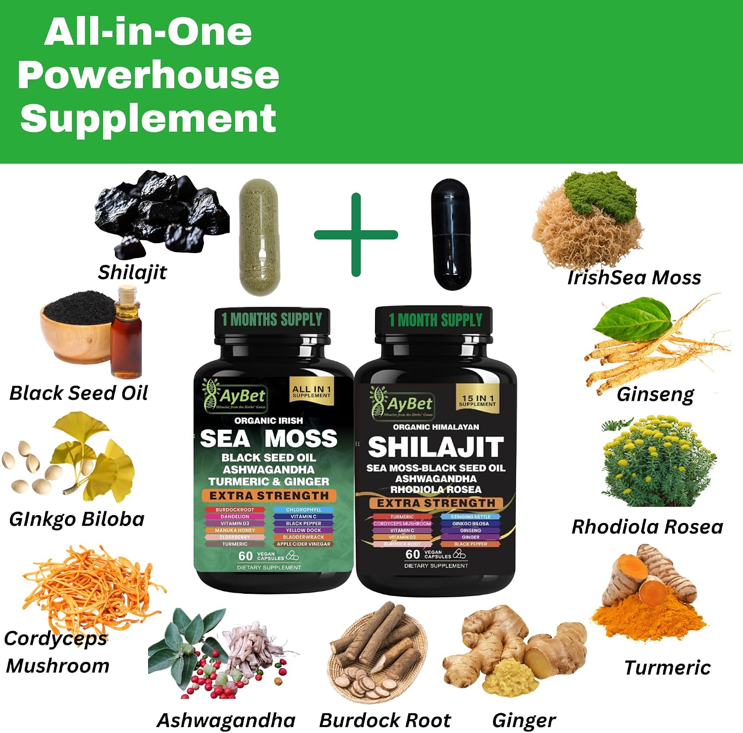 AyBet Sea Moss y Shilajit del Himalaya – Fórmula Herbal 22 en 1 con Ashwagandha, Cúrcuma, Jengibre – Minerales y Antioxidantes – Cápsulas Orgánicas, Halal, Veganas – 120 Unidades