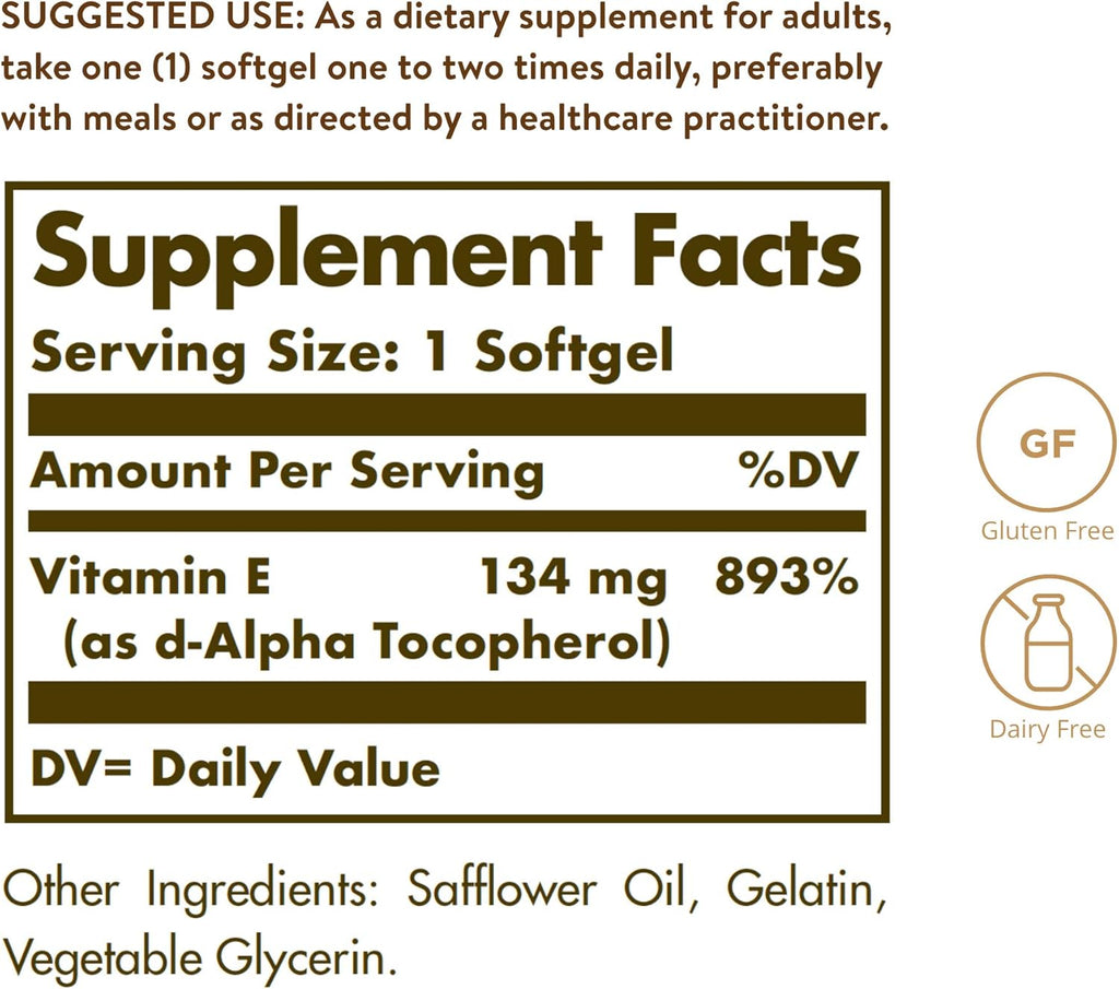 Solgar Vitamina E 200 UI Alfa - 100 Cápsulas Blandas Naturales