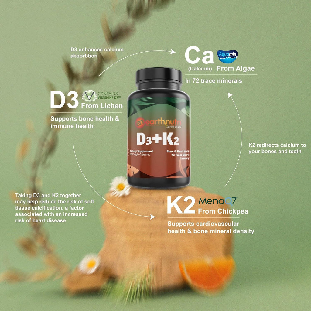 EarthNutri Vitamina D3 + K2 5000 UI con MenaQ7 y Aquamin