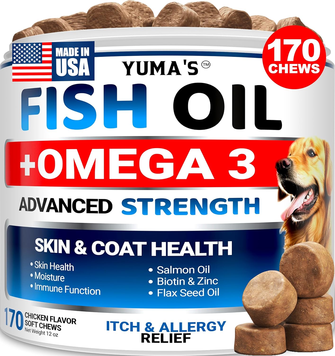 YUMA'S Omega 3 Aceite de Pescado para Perros - 170 Chews - Piel y Pelaje - Sabor Pollo