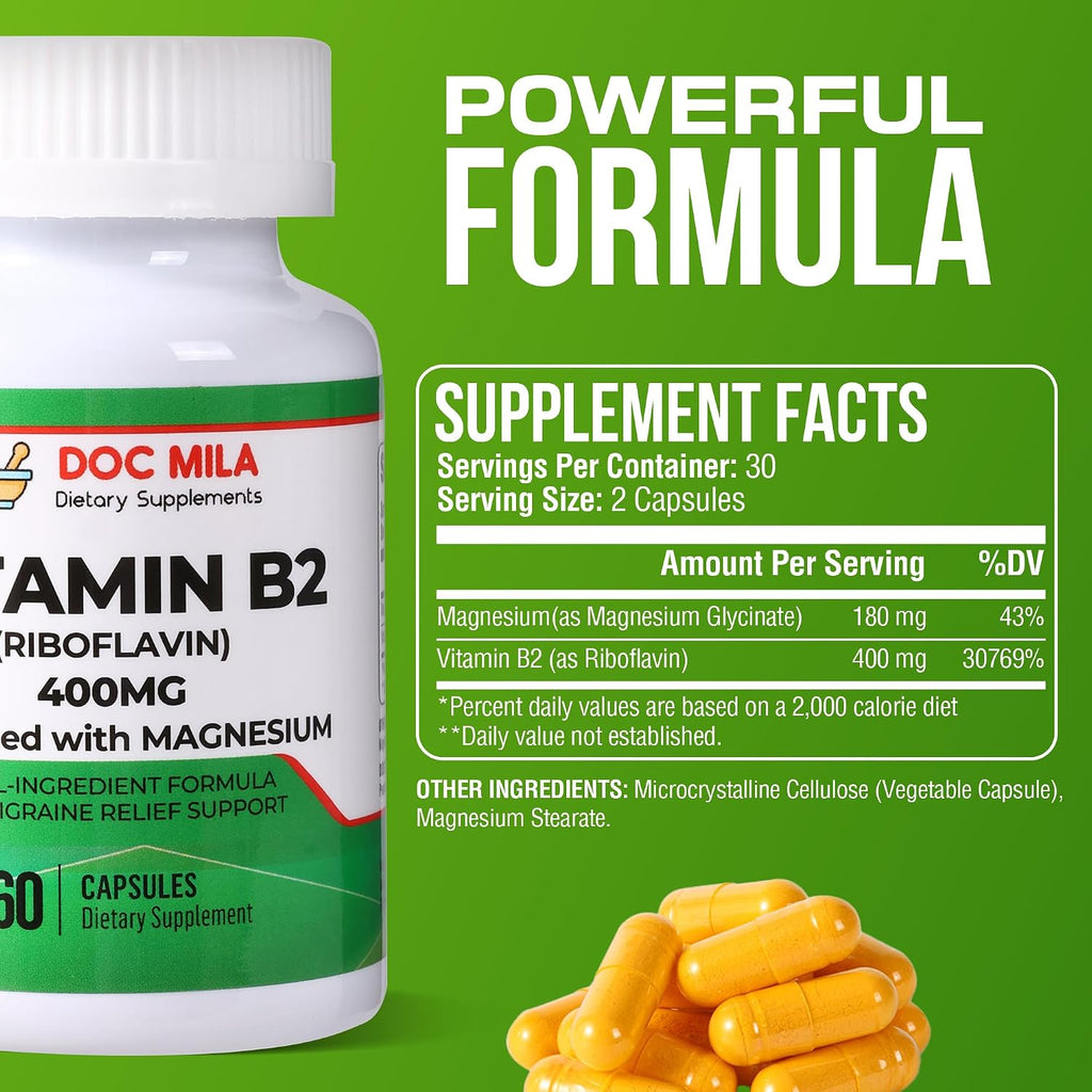 Vitamina B2 Riboflavina 400mg con Magnesio – 60 Cápsulas Veganas para el Alivio de Migrañas