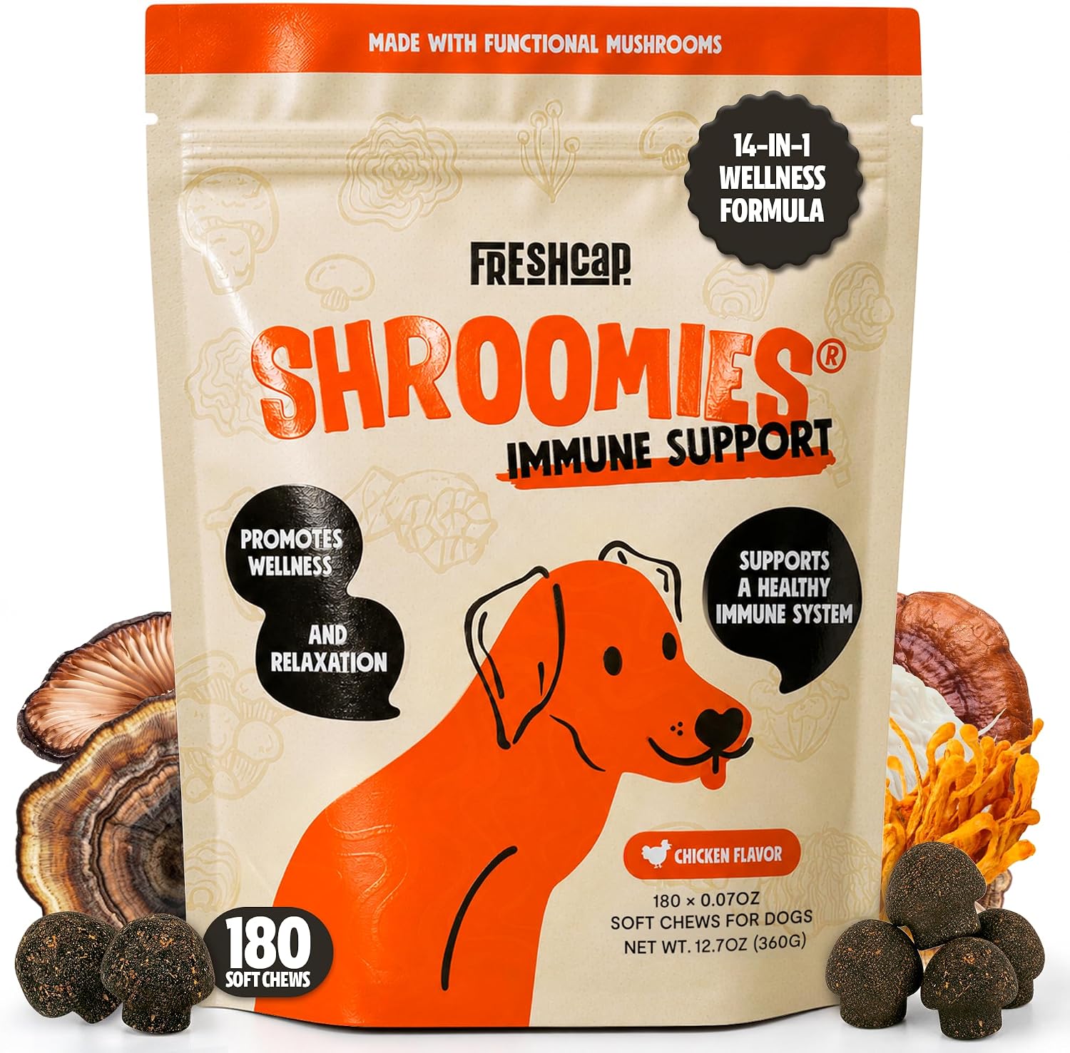 FreshCap Shroomies: Suplemento de setas para perros, 180 uds