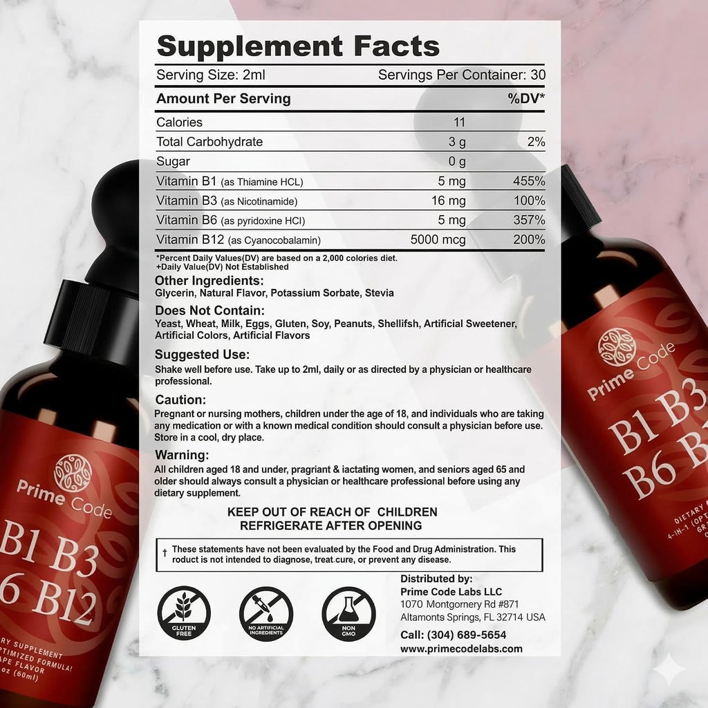 Prime Code Gotas Líquidas de Complejo B con Vitaminas B1, B3, B6 y B12