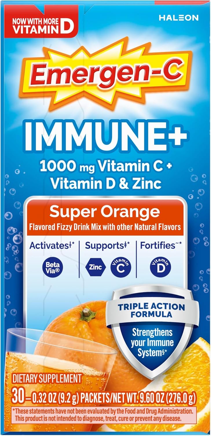 Emergen-C Immune+ Triple Action Immune Support Powder, BetaVia®, 1000mg Vitamin C, B Vitamins, Vitamin D, and Antioxidants, Super Orange – 30 Count