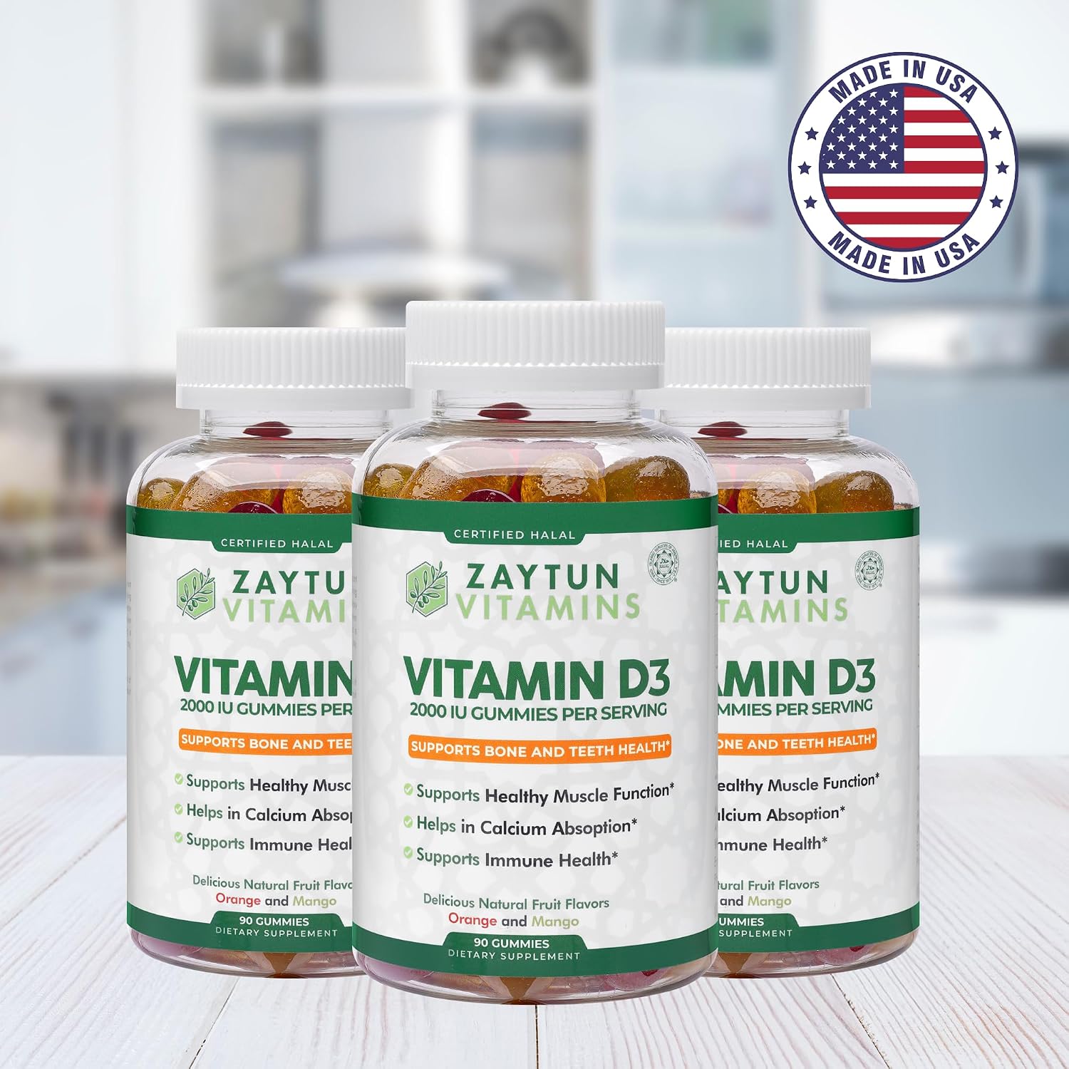 Zaytun Halal Vitamina D3 2000 UI Gomitas, Apoya la Salud Ósea e Inmune, 90 Gomitas Sabor Fruta Natural