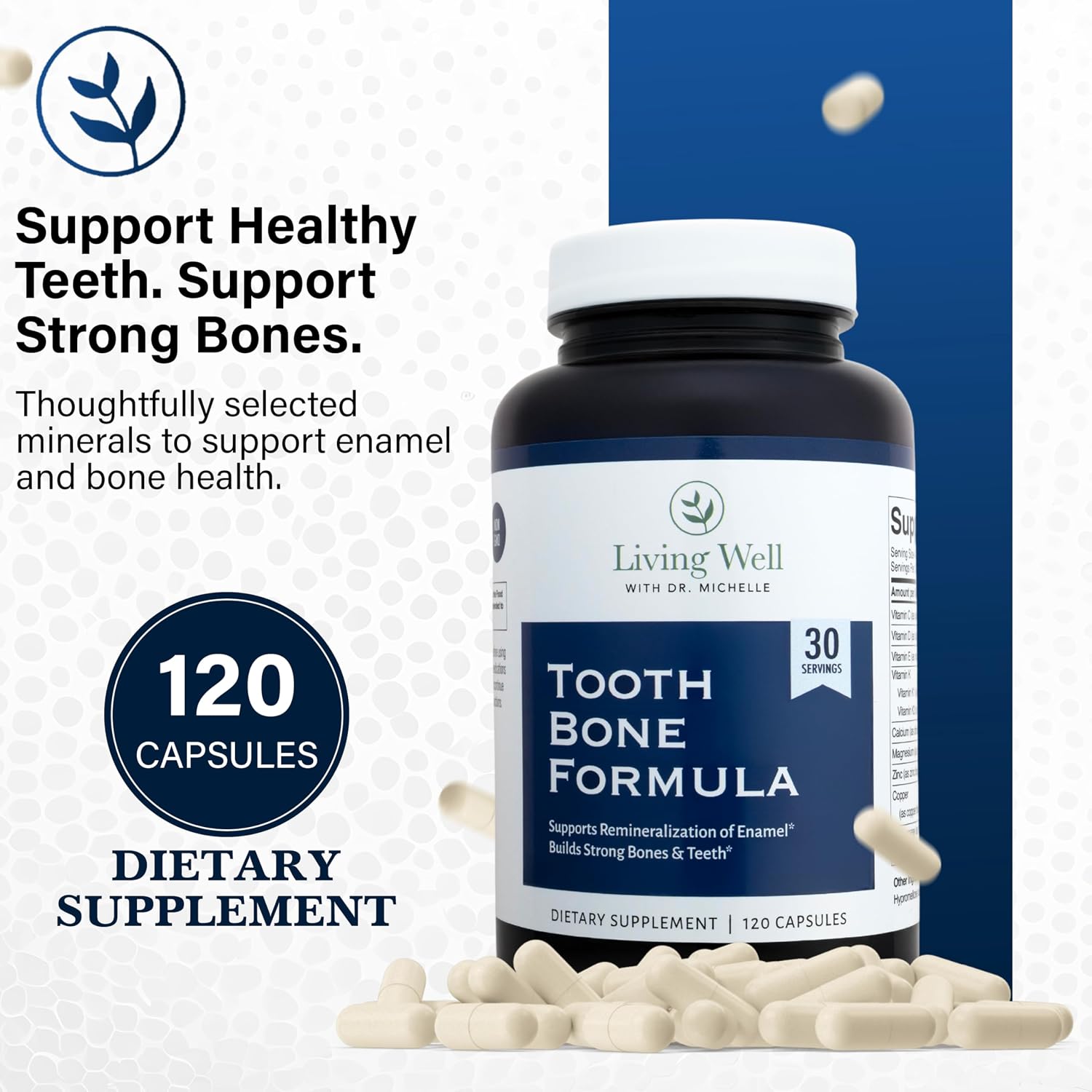 Living Well Dr. Michelle Tooth and Bone Formula con D3, K2 - 120 Cápsulas