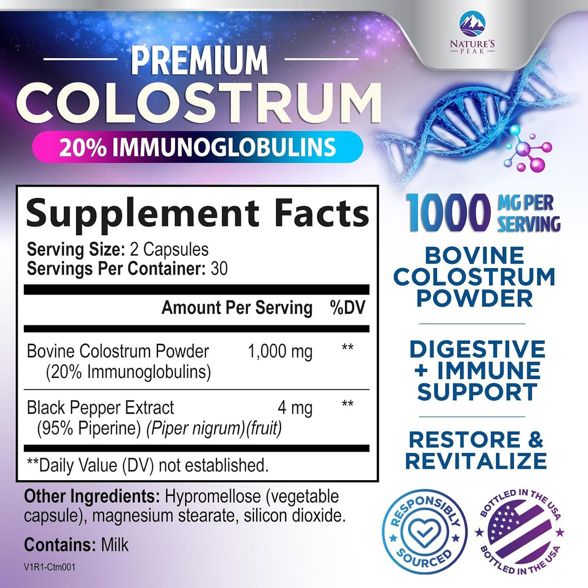 Nature's Peak Calostro Bovino 1000mg con 20% IgG - 60 Cápsulas – Image 2