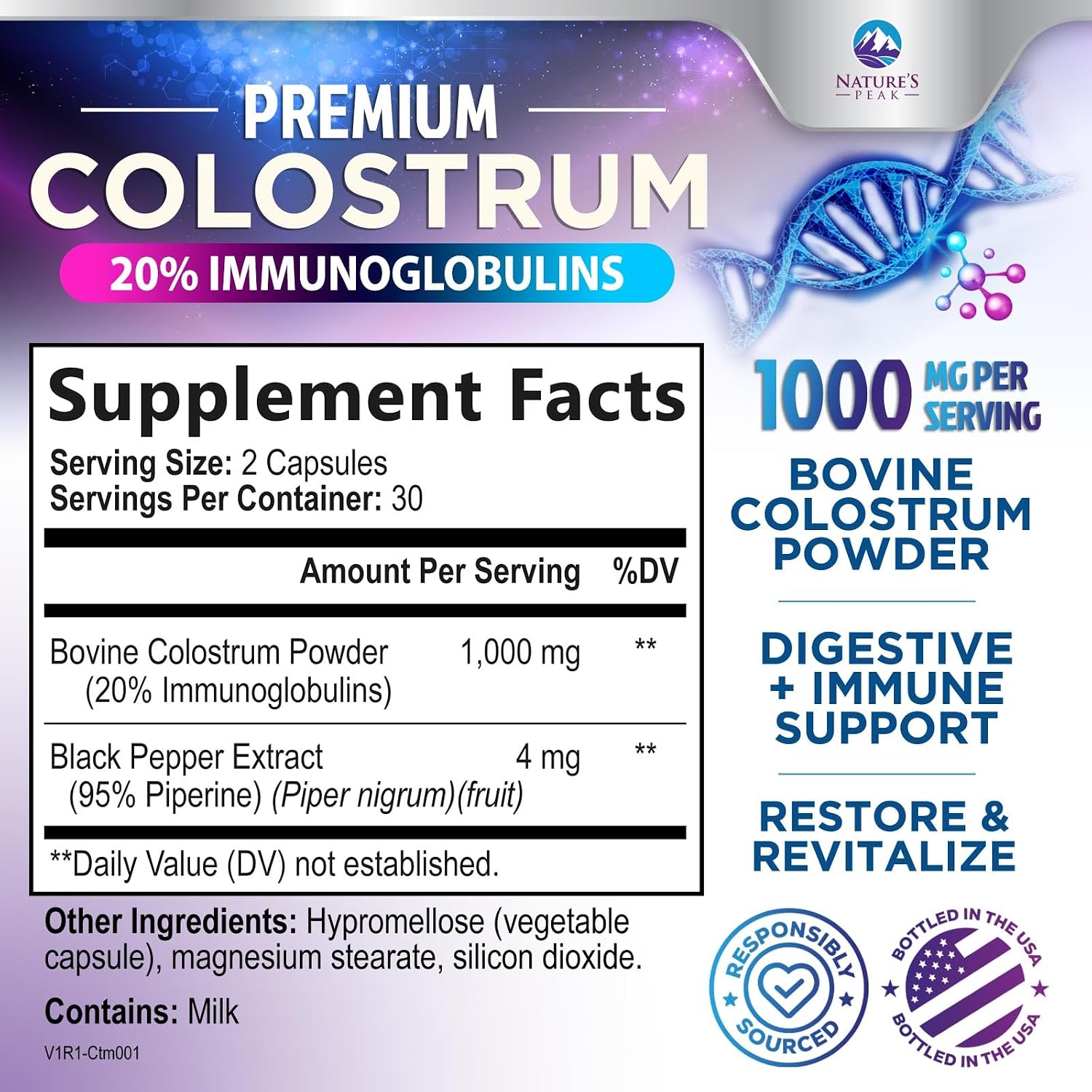 Nature's Peak Calostro Bovino 1000mg con 20% IgG - 60 Cápsulas