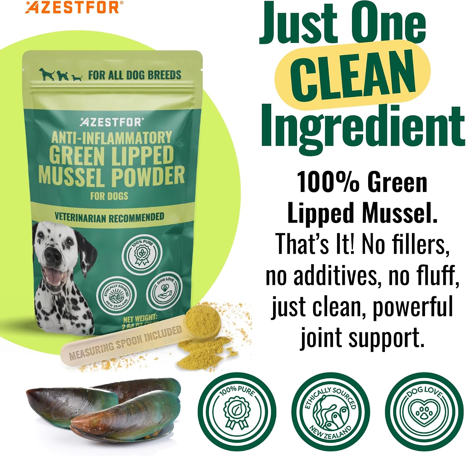 Azestfor Polvo de Mejillón de Labio Verde Antiinflamatorio para Perros