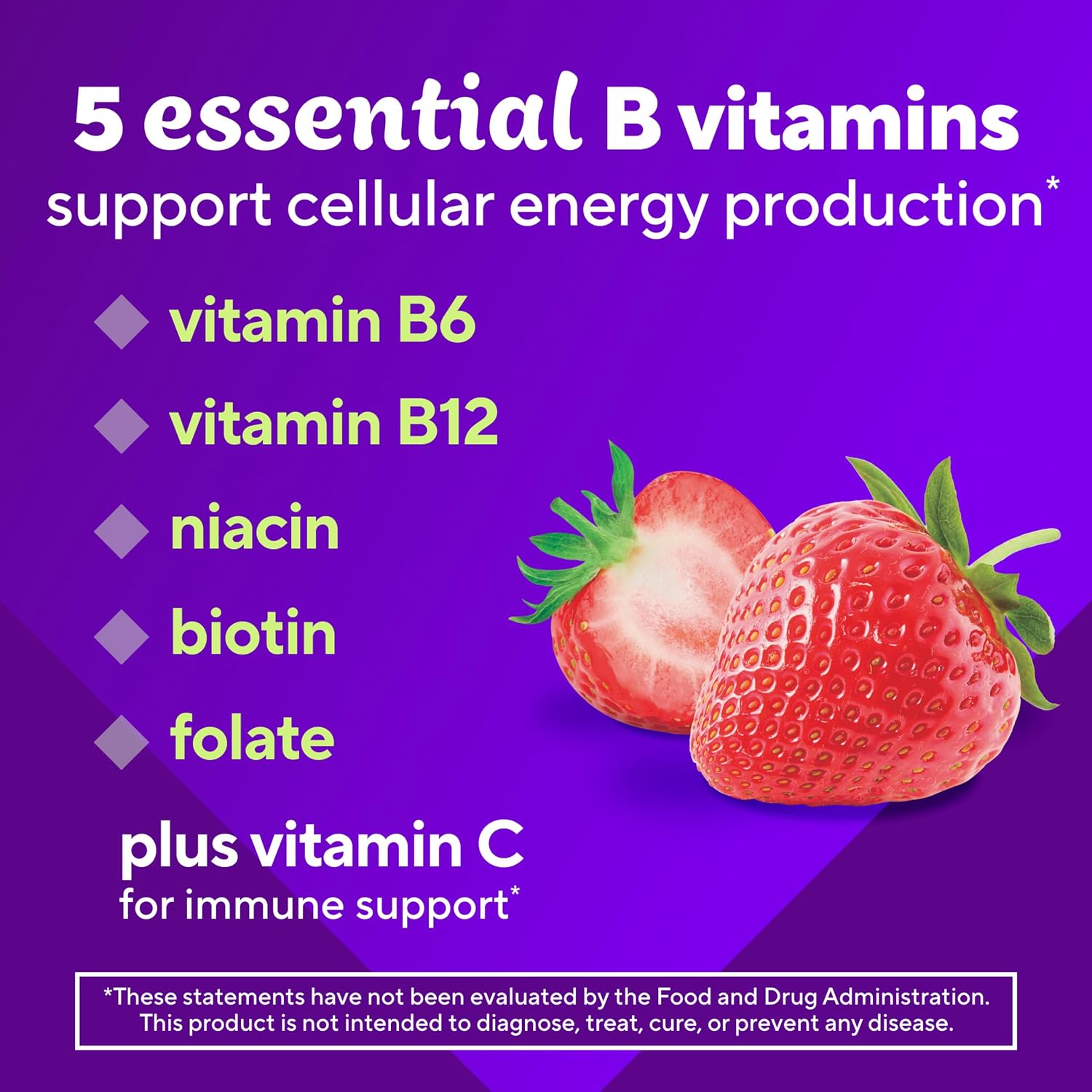 Vitafusion Complejo B Gummies – 60 Gomitas para Adultos con Vitamina C, Sabor Fresa