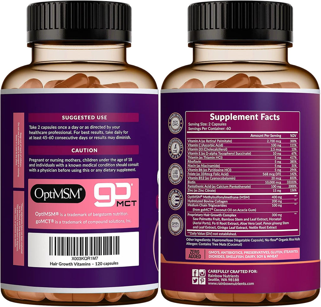Vitaminas para el Crecimiento del Cabello para Mujeres con Biotina 10.000 mcg, Colágeno, OptiMSM, goMCT y Saw Palmetto - 2 Envases