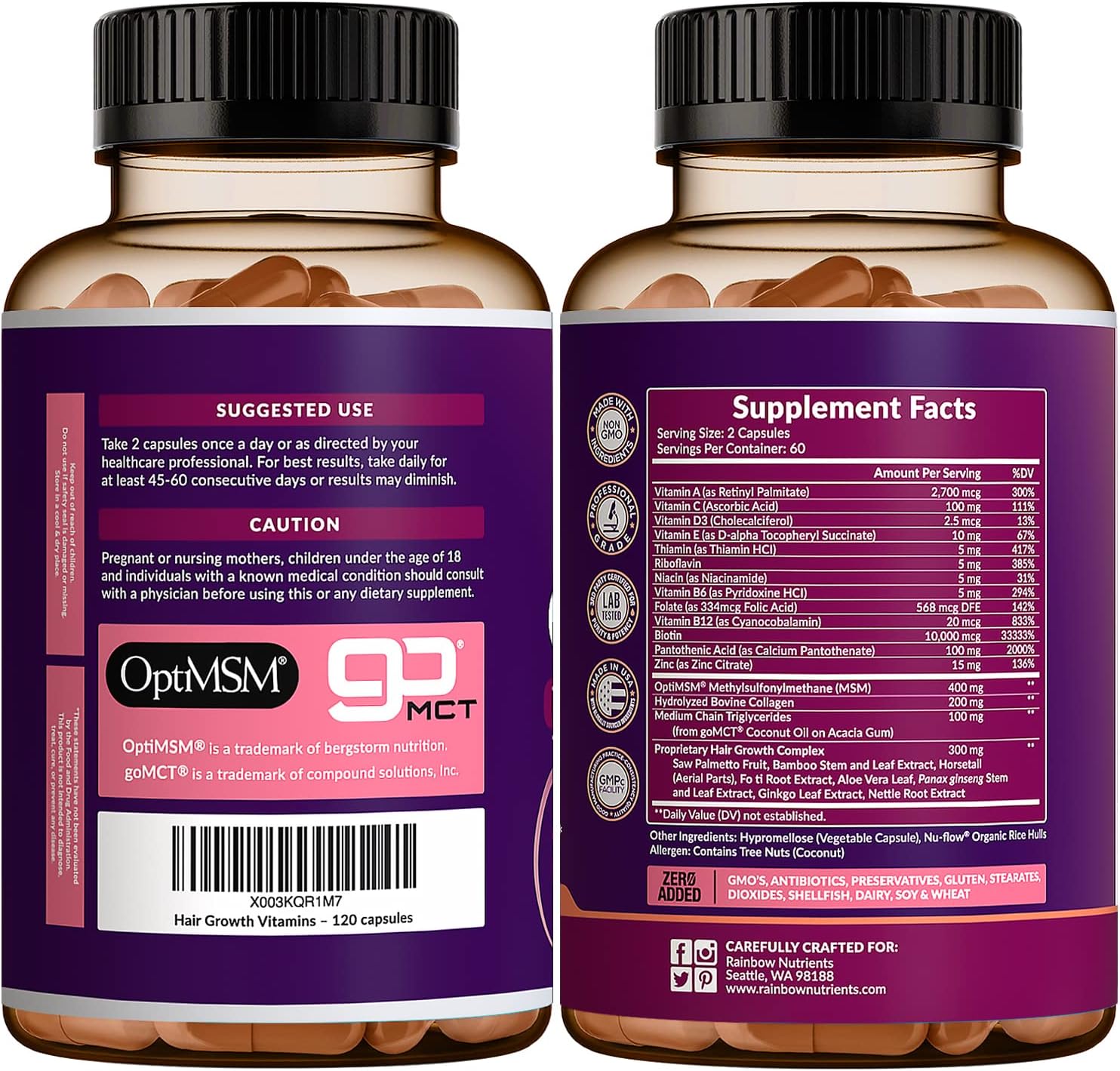 Vitaminas para el Crecimiento del Cabello para Mujeres con Biotina 10.000 mcg, Colágeno, OptiMSM, goMCT y Saw Palmetto - 2 Envases