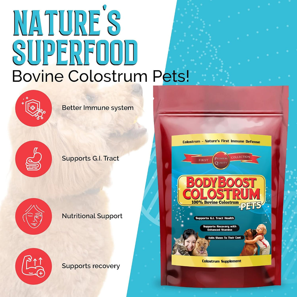 BodyBoost Calostro Bovino para Perros y Gatos - Suplemento Inmunitario Orgánico, Alivio de Alergias y Picazón, Salud Intestinal, Todas las Edades, 227 g