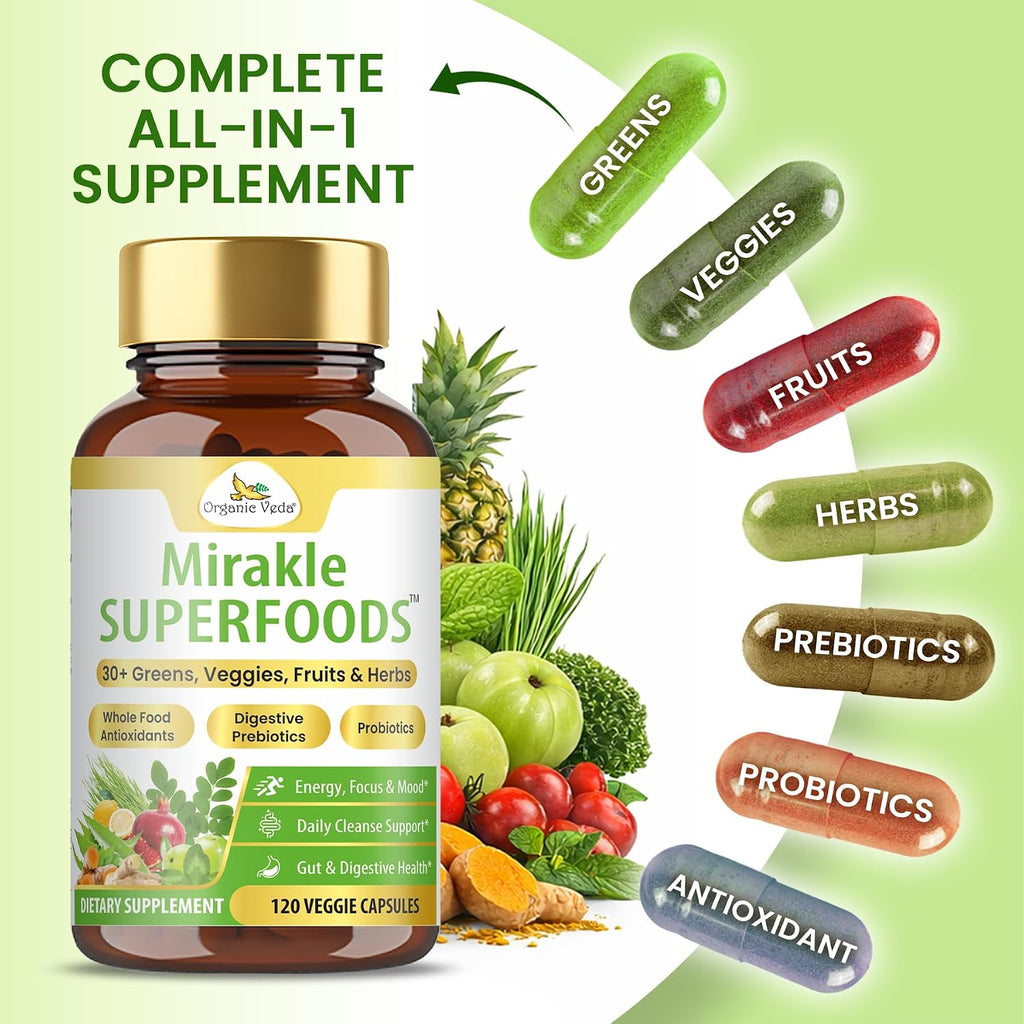Organic Veda Mirakle Superfoods - Superalimentos Verdes con Probióticos, 40+ Nutrientes Orgánicos, Vitamina C y Resveratrol - 120 Cápsulas