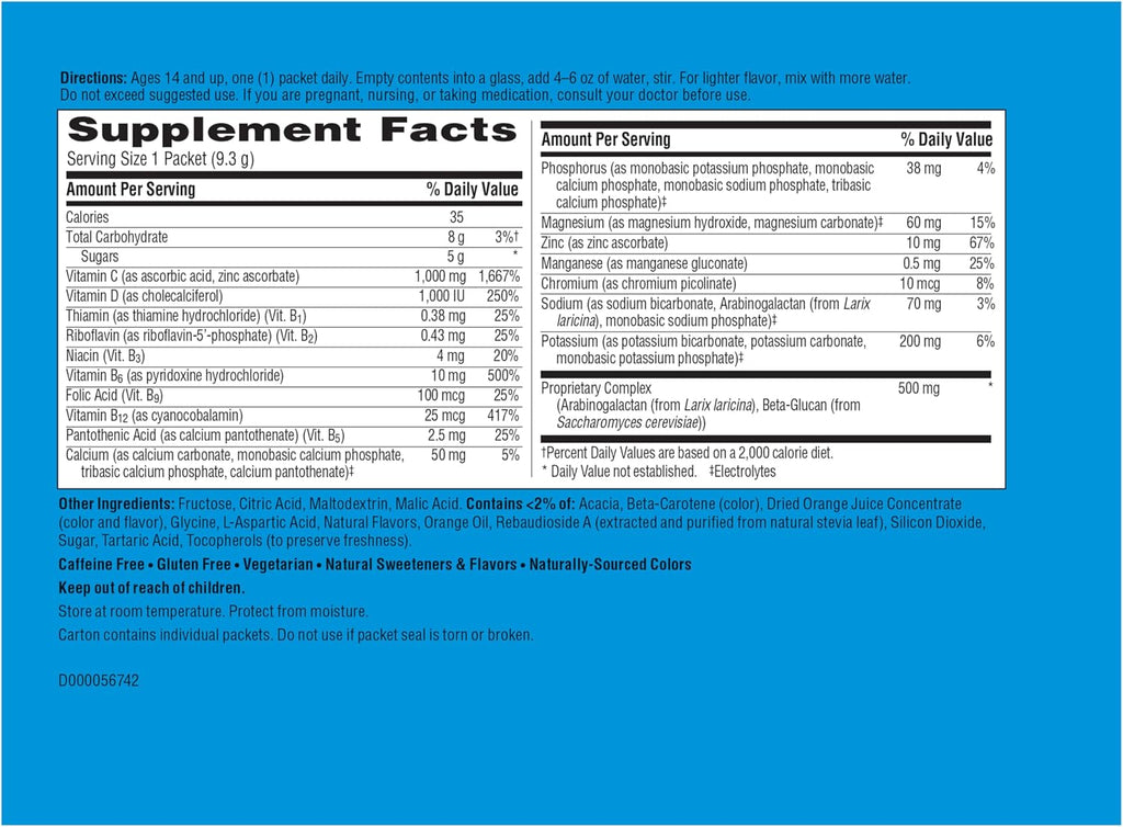 Emergen-C Immune+ Triple Action - Polvo para Soporte Inmunitario con BetaVia, Vitamina C, Vitaminas B, Vitamina D y Antioxidantes, Sabor Naranja - 50 Sobres