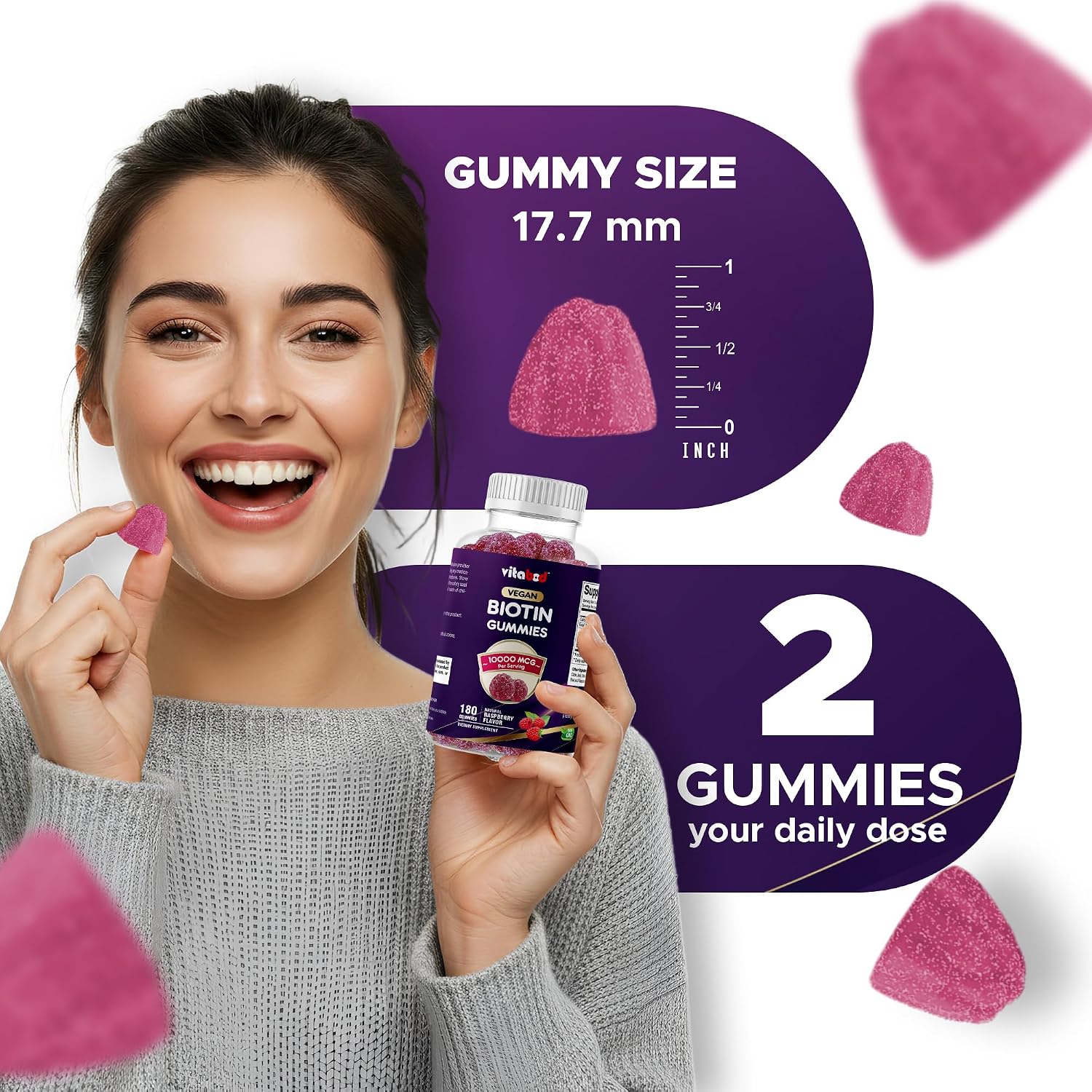 Vitabod Gominolas de Biotina 10,000 mcg – 180 Gominolas Veganas para Cabello, Piel y Uñas – Sin OGM, Sin Gluten, Sabor Frambuesa