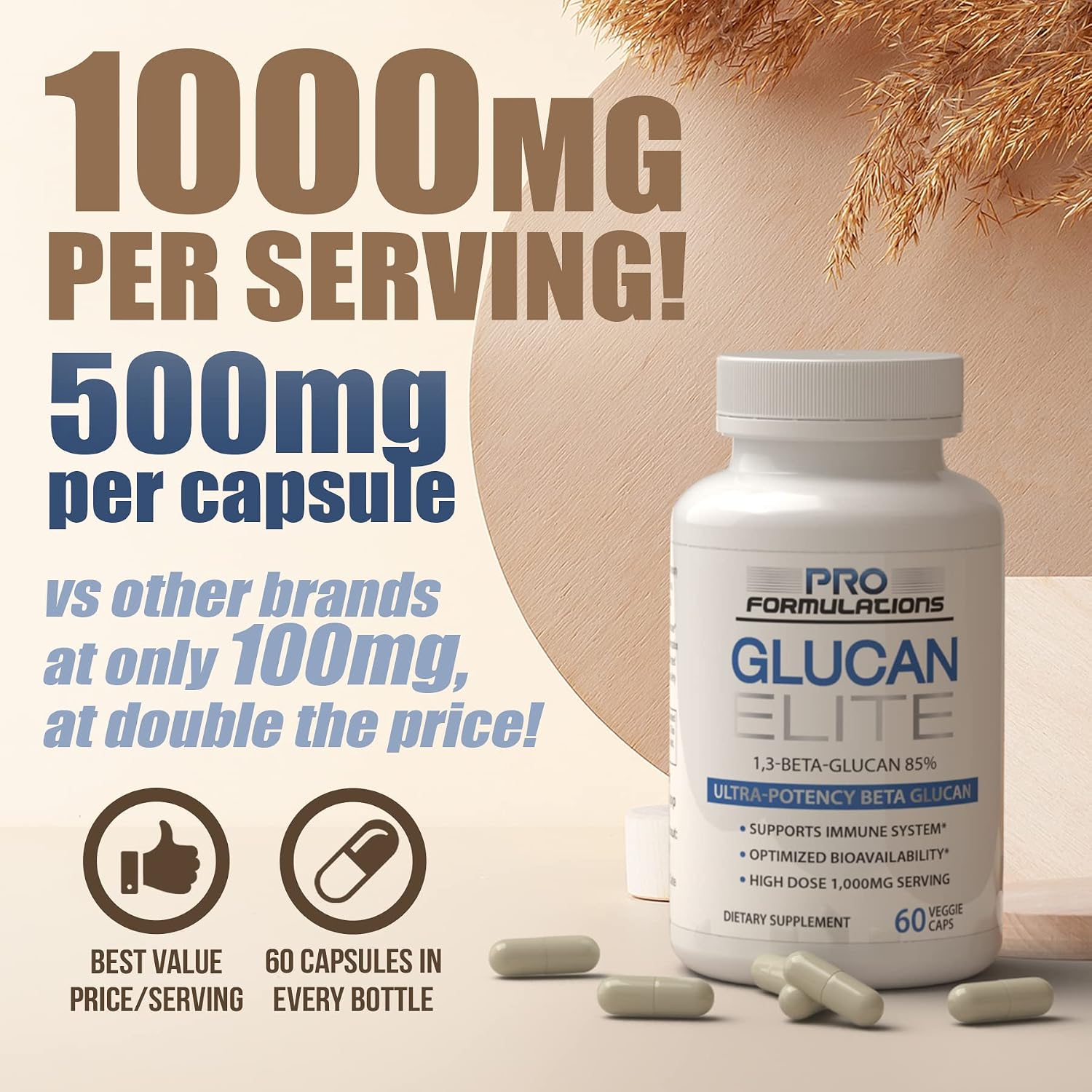 Pro Formulations MD Glucan Elite - Beta 1,3D Glucano 500mg - 60 Cápsulas (2 Paquetes)