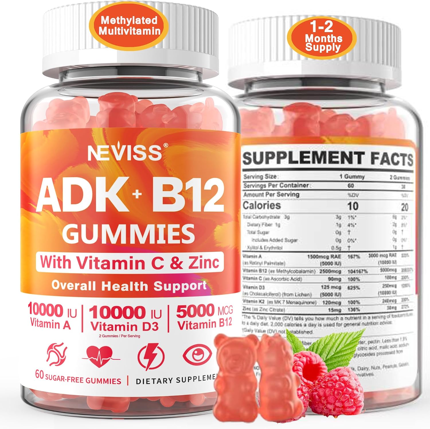 Gominolas ADK+Vitamina B12 Sin Azúcar - Vitamina D3 10000 UI, K2 MK-7 240 mcg, B12 5000 mcg, Multivitamínico Vegano para Adultos