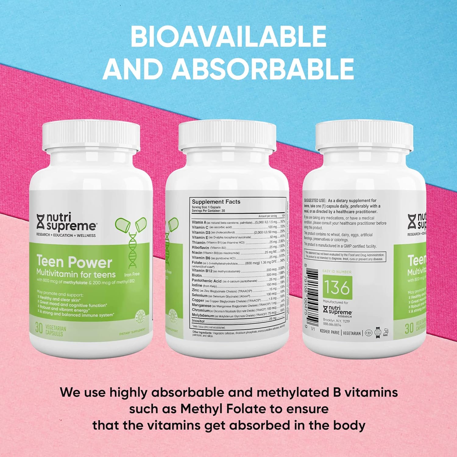 Multivitamínico para Adolescentes Nutri Supreme – Vitaminas para Chicos y Chicas de 12 a 17 Años, Fórmula Completa con Vitaminas C, D, E y Complejo B, 30 Cápsulas