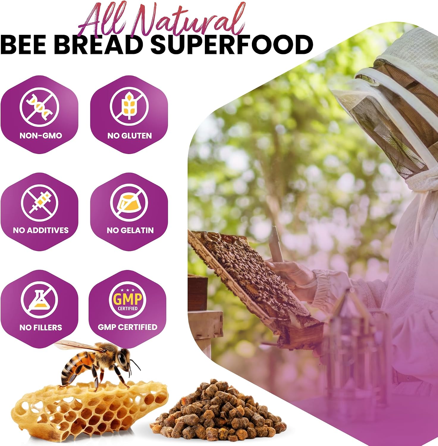 Cápsulas de Pan de Abeja HONEYBEEZONE – Superalimento Rico en Nutrientes para Energía y Apoyo Inmunológico | Sin OGM, Sin Gluten, 60 Cápsulas Vegetales