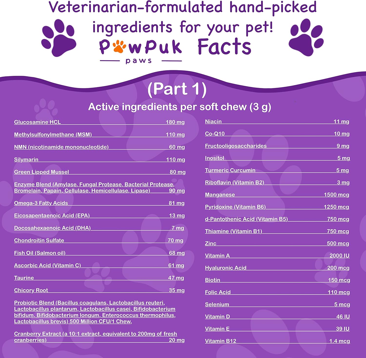 Pawpuk Paws Suplemento Multifuncional para Perros con Silimarina, Mejillón de Labio Verde, Glucosamina, MSM, Aceite de Salmón, Probióticos, Co-Q10, NMN