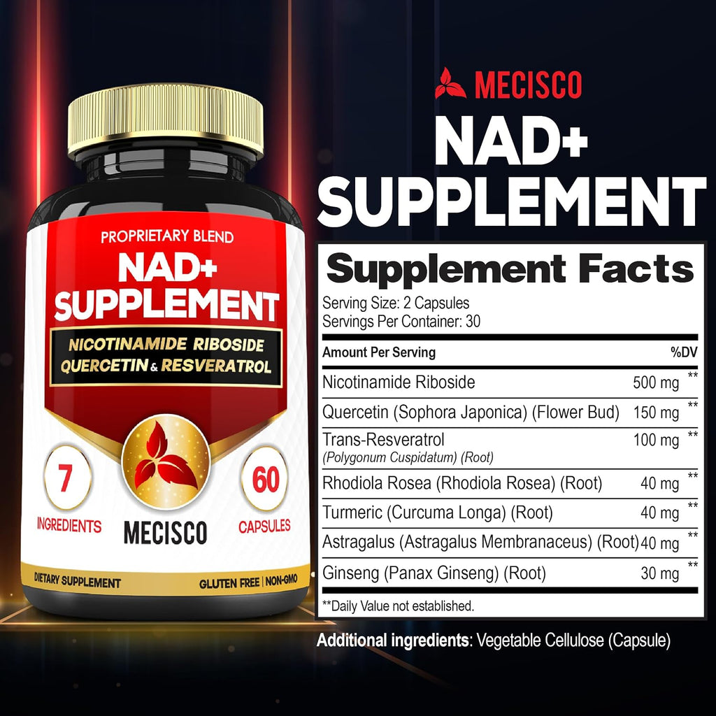 Mecisco NAD+ Suplemento con Nicotinamida Ribósido, Quercetina, Resveratrol, Cúrcuma, Rhodiola Rosea y Astrágalo - 60 Cápsulas