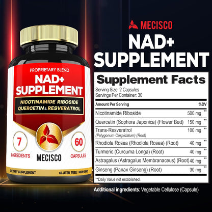 Mecisco NAD+ Suplemento con Nicotinamida Ribósido, Quercetina, Resveratrol, Cúrcuma, Rhodiola Rosea y Astrágalo - 60 Cápsulas