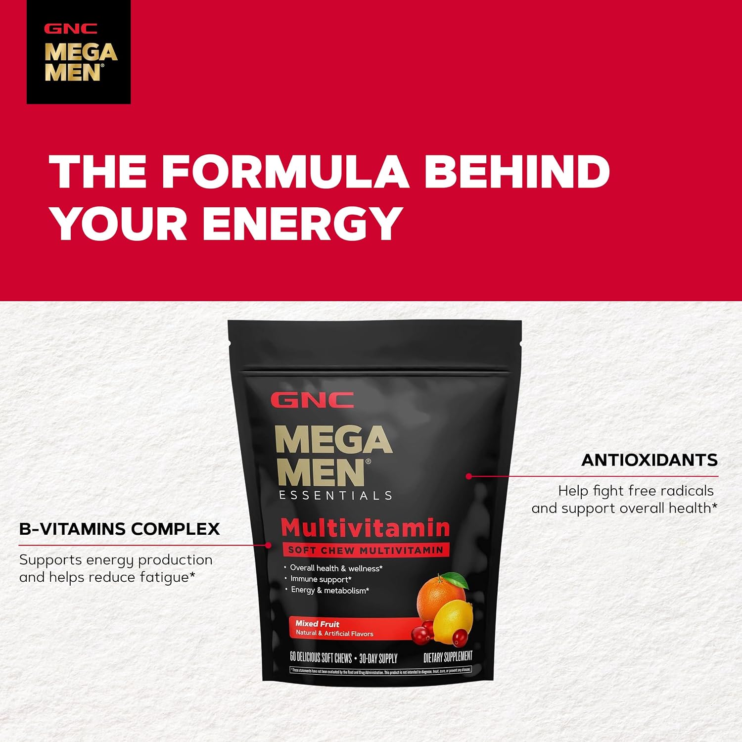 GNC Mega Men Multivitamínico en Gominolas Blandas para Hombres - Sabor Frutas Mixtas - 60 Unidades