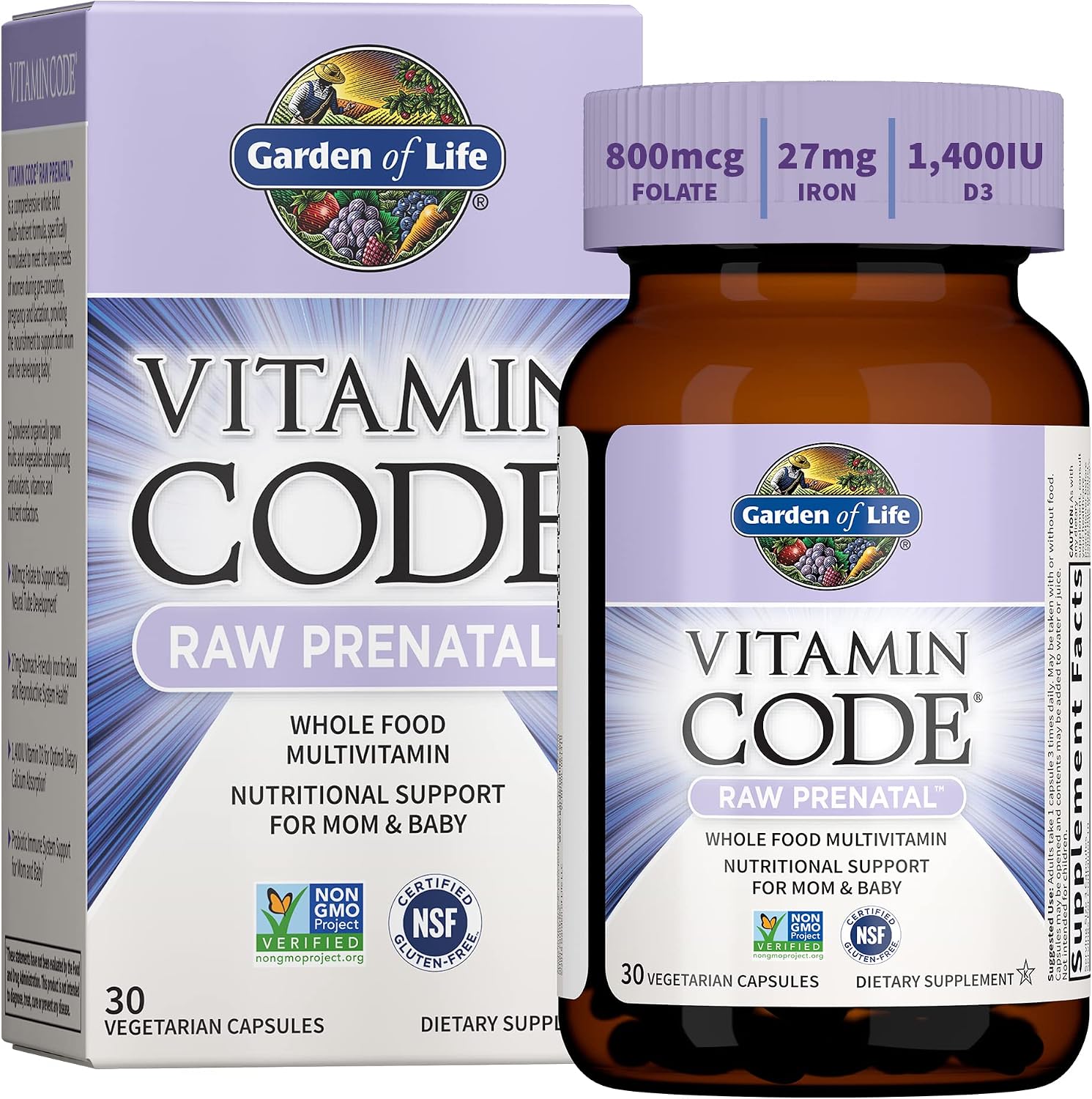 Garden of Life Vitamin Code Raw Prenatal Multivitamínico para Mujeres con Hierro, Ácido Fólico, Probióticos y Nutrientes de Alimentos Integrales – Apoyo Inmunológico y Energía Celular, No-GMO, Sin Gluten, Kosher, 60 Días de Suministro