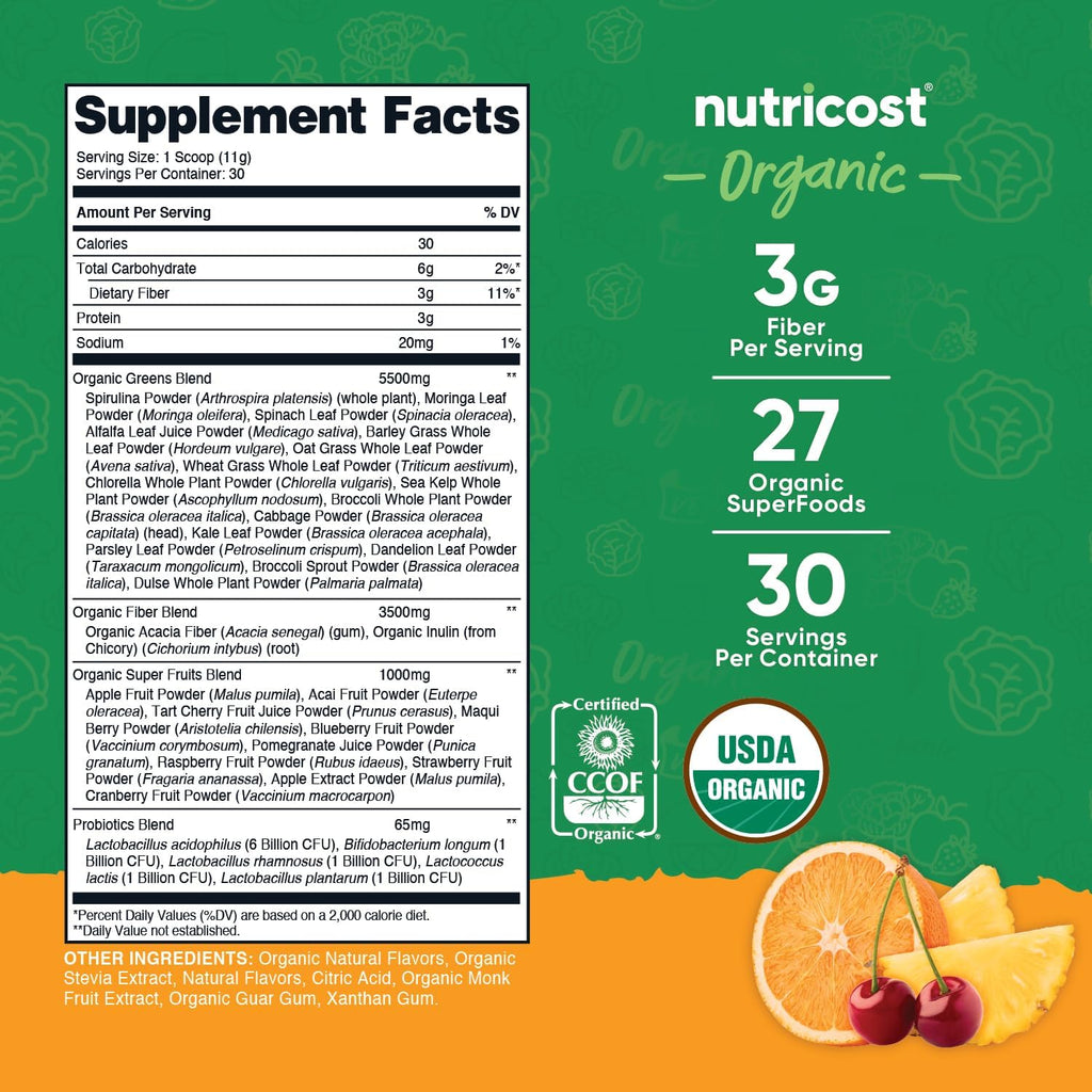 Nutricost Organic Super Greens Powder - Sabor Naranja Sunrise - 30 Raciones
