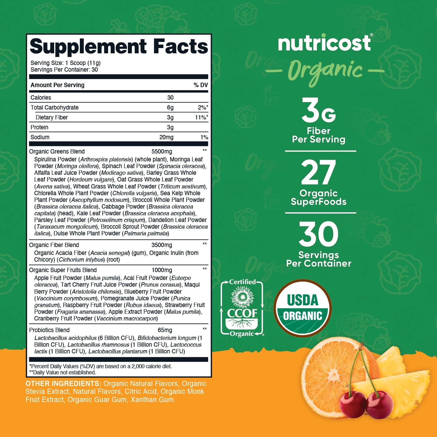 Nutricost Organic Super Greens Powder - Sabor Naranja Sunrise - 30 Raciones