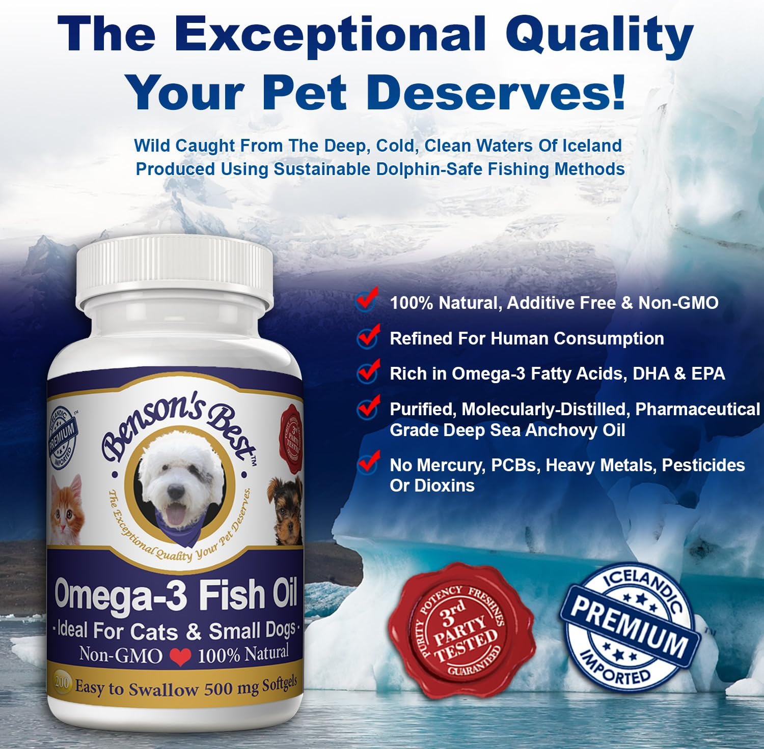 Benson's Best Omega 3 para Gatos y Perros Pequeños - 200 Cápsulas Blandas de 500mg