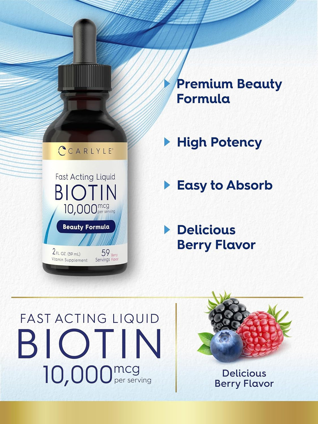 Carlyle Biotina Líquida 10000mcg | 59 ml | Gotas de Alta Concentración | Suplemento Vegetariano, No GMO, Sin Gluten